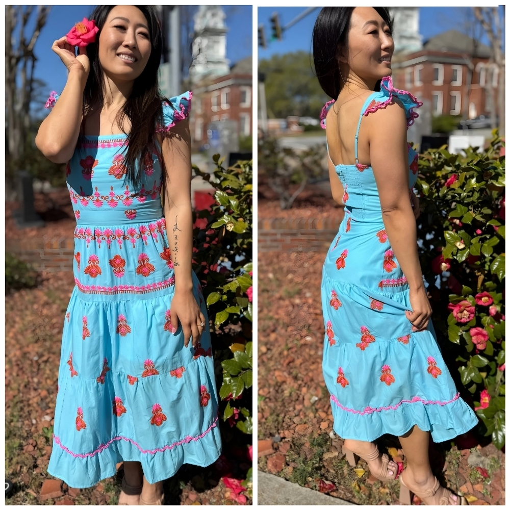 Ultramarine Embroidered Tiered Turquoise Pink Red Dress, M